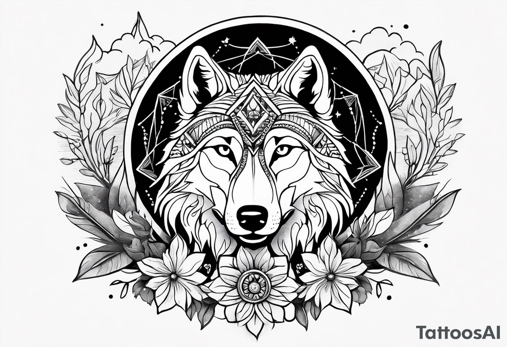 A whimsical wolf tattoo featuring mandala or dream catcher elements, with the wolf as the central focus, surrounded by mountains in the background. Include flowers and nature elements to fill the space around the wolf. Some color but not completely solid bold color tattoo idea