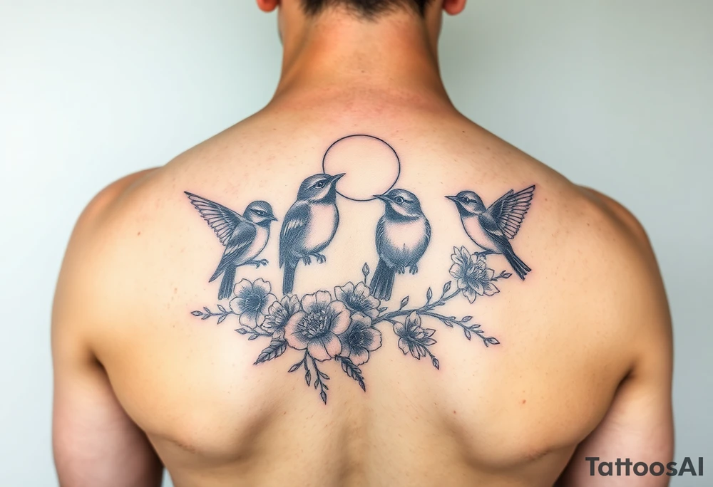 Four birds, flowers, branch, sun or moon tattoo idea