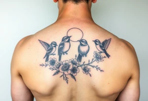 Four birds, flowers, branch, sun or moon tattoo idea