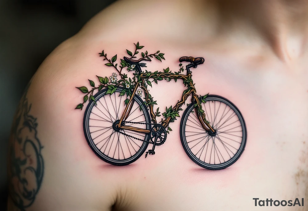 A bicycle with a handlebar made of twisted vines, with green leaves and small white flowers creeping around it, symbolizing growth and connection to nature. tattoo idea