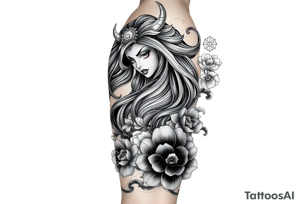 Full sleeve Japanese-inspired tattoo design featuring a beautiful female oni (demon woman) with an elegant, mysterious expression, one hand partially covering her face, long flowing hair integrated into swirling wind and wave patterns, large detailed chrysanthemums and peonies woven through the composition, dynamic negative space with bold black fills and smooth gradients, traditional Japanese cloud and water motifs, high-contrast black and grey with soft shading and sharp linework, balanced composition wrapping around the arm, style. tattoo idea