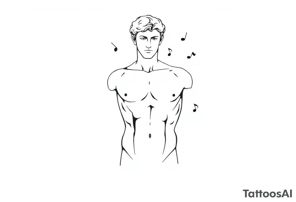 Male Greek statue torso. No arms, legs or head. Fit and muscular. Simple design. Hard lines and angles. A few creative arts symbols like music notes scattered around the torso and partially behind it. tattoo idea