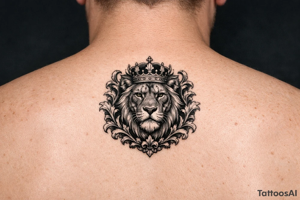 powerful majestic lion with a crown, framed by ornate floral scrollwork tattoo idea
