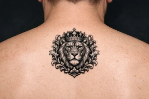 powerful majestic lion with a crown, framed by ornate floral scrollwork tattoo idea