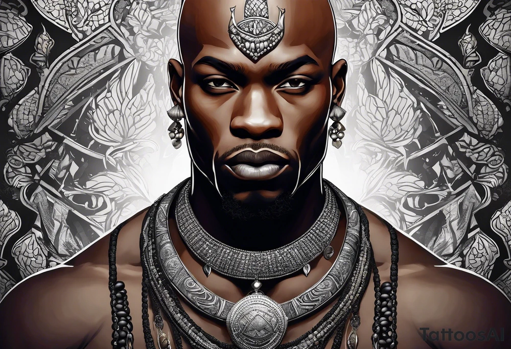Black-skinned bald african warrior. He wears a simple and small silver crown. He uses a necklace of cowry shells tattoo idea