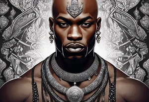 Black-skinned bald african warrior. He wears a simple and small silver crown. He uses a necklace of cowry shells tattoo idea