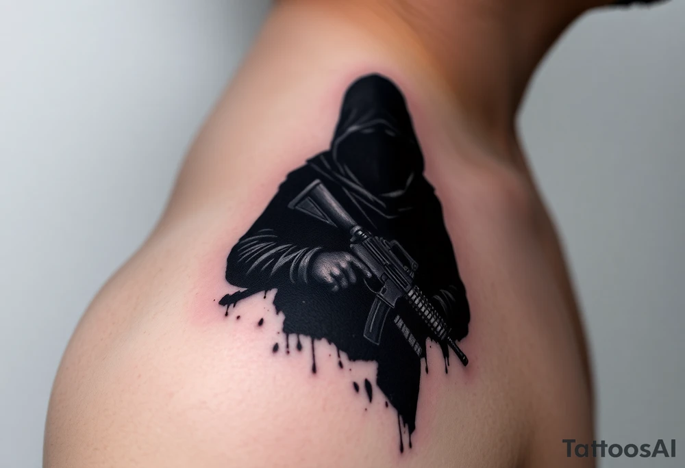 Minimalist covert operative symbolism representing loyalty and survival, faceless soldier silhouette emerging from darkness, torn fabric, subtle scars, controlled posture, black and grey realism, emotional restraint, understated strength, tattoo sleeve element. tattoo idea