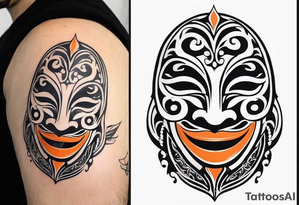 Laughing mask that is orange and black tattoo idea