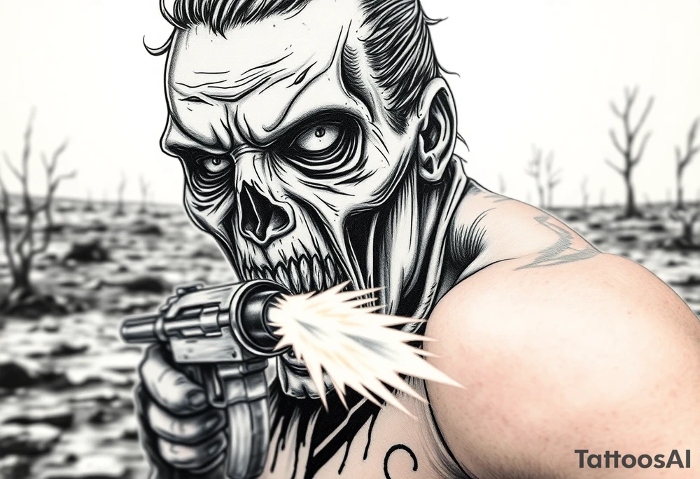 Close-up zombie face, shotgun fire erupting, desolate wasteland background. tattoo idea