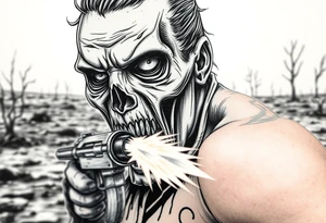 Close-up zombie face, shotgun fire erupting, desolate wasteland background. tattoo idea