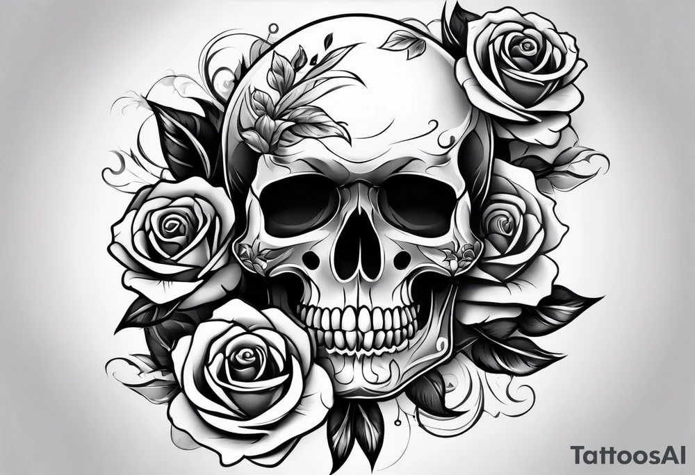 black upper arm sleeve skull rose tattoo idea