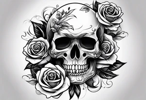 black upper arm sleeve skull rose tattoo idea