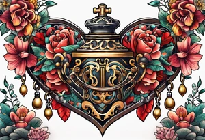 vintage heart lock and ket tattoo idea