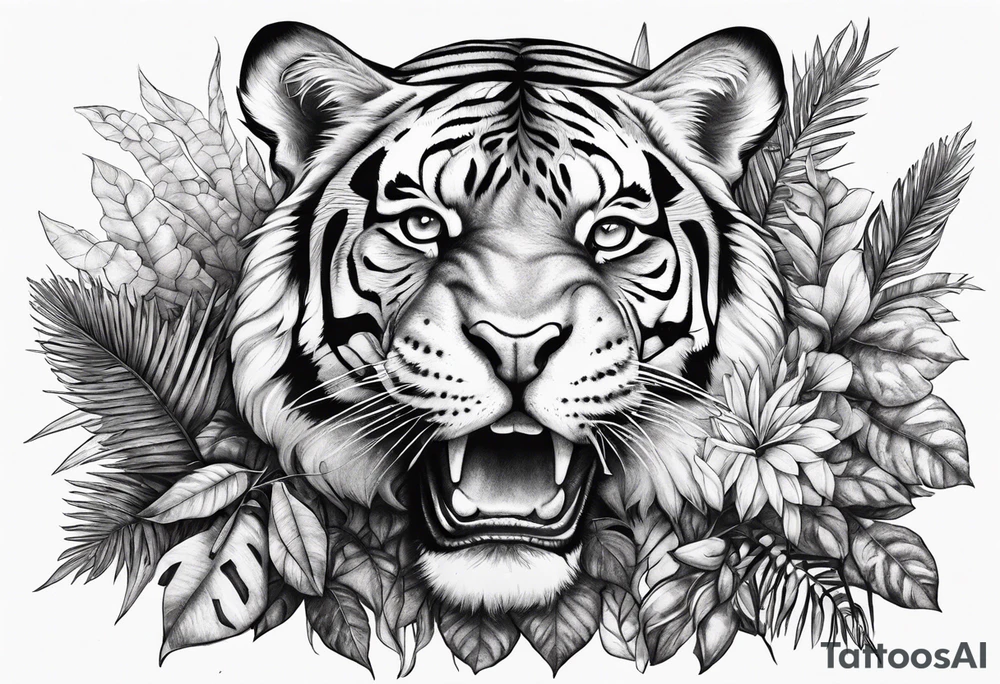 Calm strong tiger in the jungle and with jaguar in in a tree above tattoo idea