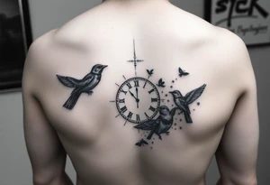 One color and rest black and white incorporating 

 and tiny little black birds and a clock tattoo idea
