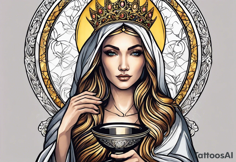 woman saint holding chalice surrounded by golden halo with a tower tattoo idea