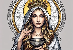woman saint holding chalice surrounded by golden halo with a tower tattoo idea