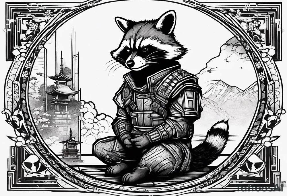 Rocket raccoon sitting with a small black  house cat tattoo idea