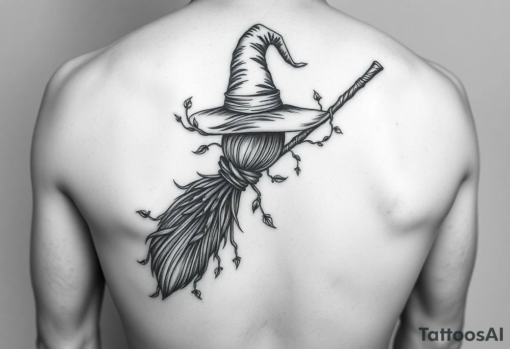 Which is broom with a witches hat with vines and feathers on your leg 
Smaller broom with hat placed on top or in the middle tattoo idea