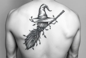 Which is broom with a witches hat with vines and feathers on your leg 
Smaller broom with hat placed on top or in the middle tattoo idea