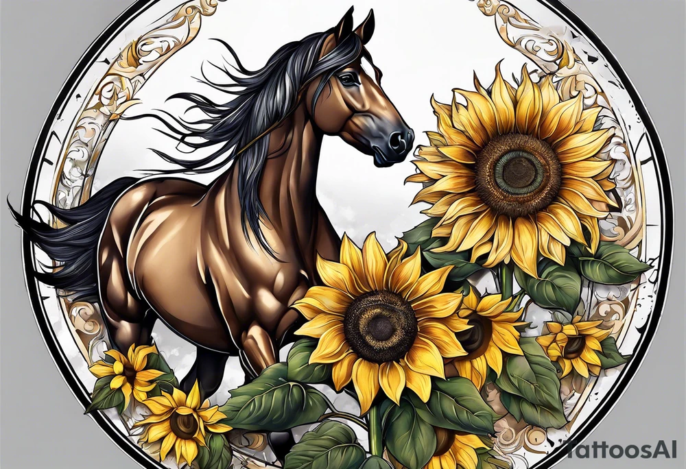 Horse, compass, sunflower tattoo idea
