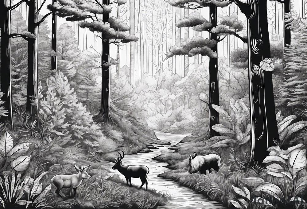 Forest with a lot of trees and animals exploring tattoo idea