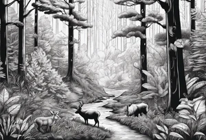 Forest with a lot of trees and animals exploring tattoo idea