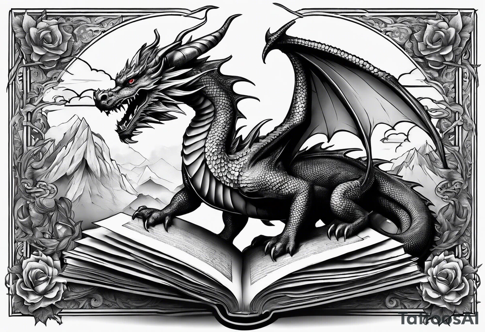 dragon Coming out of a book tattoo idea