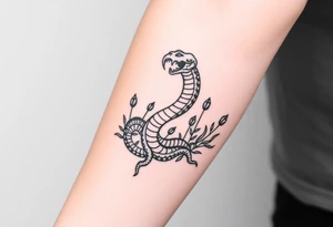 Large mythical creepy serpent near plants tattoo idea