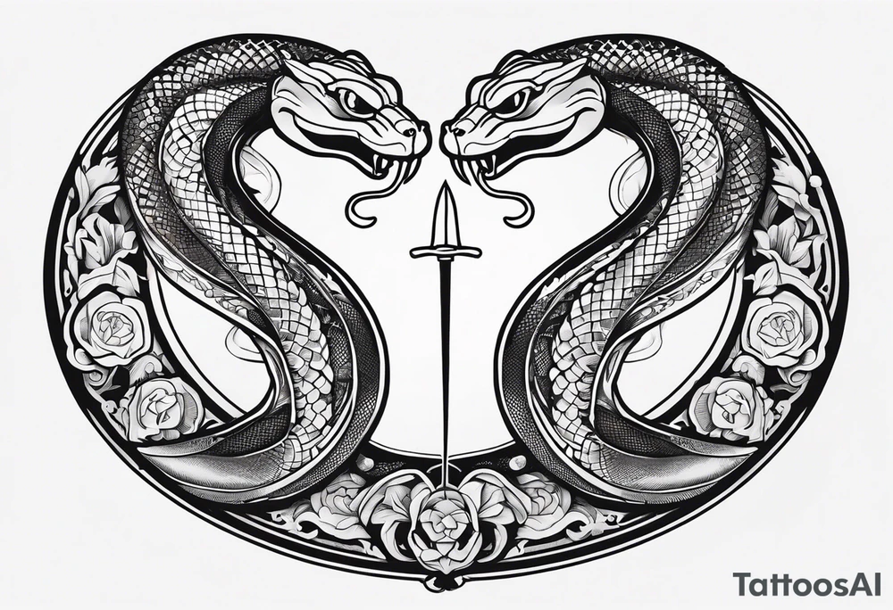 Aggresive Snakes eating each other with a sword, this design must be in a vertical vertical proportion. Additionaly the desing must be "Steampunk" type tattoo idea