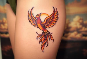 magnificent vibrant phoenix rising from flames with trailing embers  and golden sunset and sky with puffy clouds and heaven backdrop tattoo idea