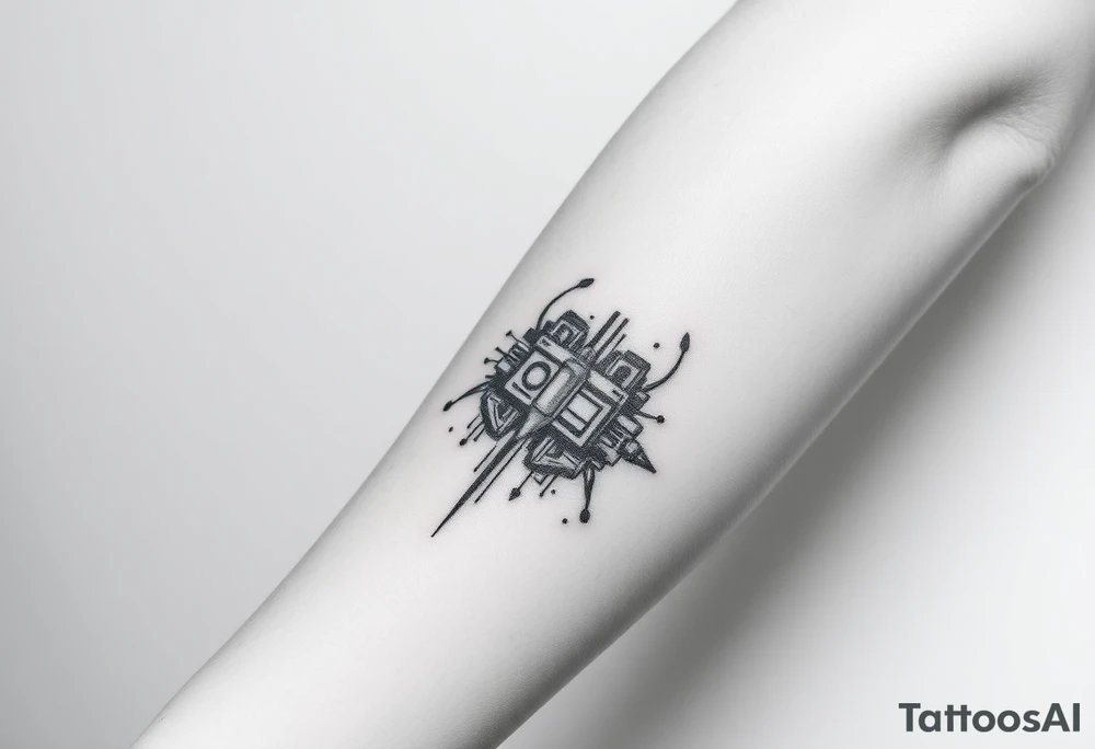 Tattoo for the top side of the forearm, black and gray, flash, hacker computer tech tattoo idea
