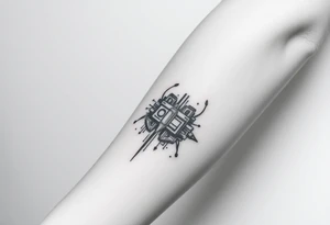 Tattoo for the top side of the forearm, black and gray, flash, hacker computer tech tattoo idea