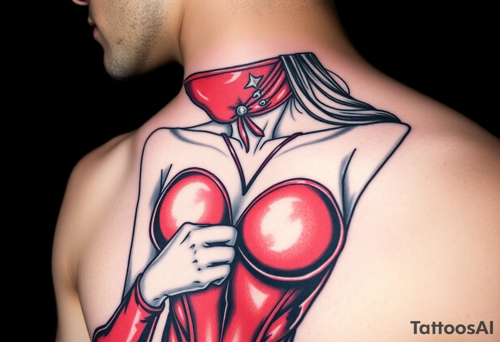 powerful female dominatrix wearing a red latex catsuit wearing a facemask tieing up her submissive tattoo idea