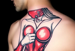 powerful female dominatrix wearing a red latex catsuit wearing a facemask tieing up her submissive tattoo idea