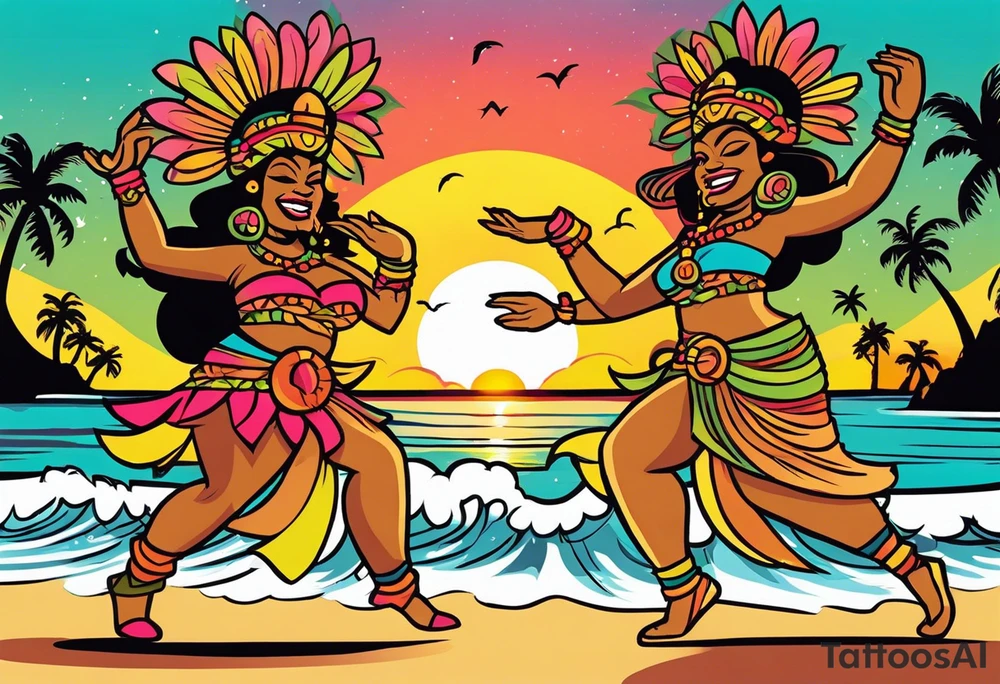 dancing tiki gods with sexy hula women having a dance part on the beach with a sunset in the center of the image tattoo idea