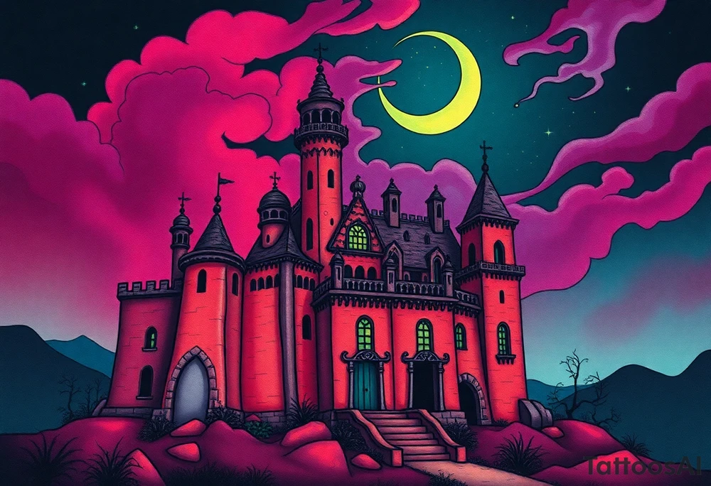Tim Burton’s haunted Arabian castle is abandoned and dripping with muted reds, dusty pinks, and eerie green glow.purple and cyan smokey clouds swirl in the crescent moonlit sky thats sprinkled with stars tattoo idea tattoo idea