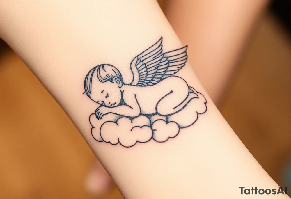 Sleeping Winged baby, laying on the clouds tattoo idea