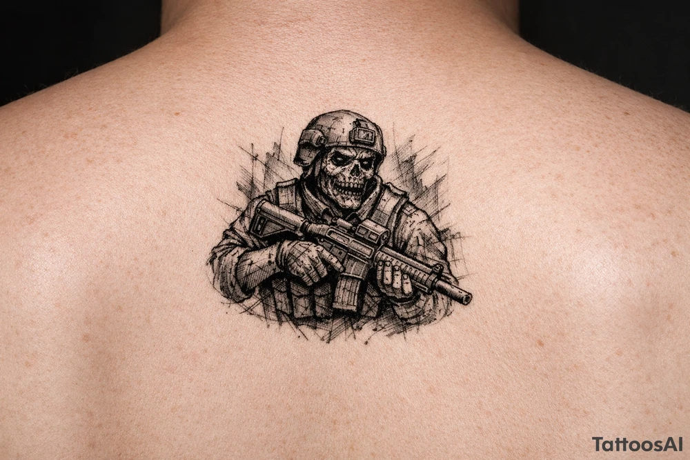 zombie in soldier-outfit,assault-rifle. tattoo idea