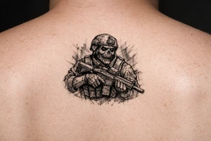 zombie in soldier-outfit,assault-rifle. tattoo idea