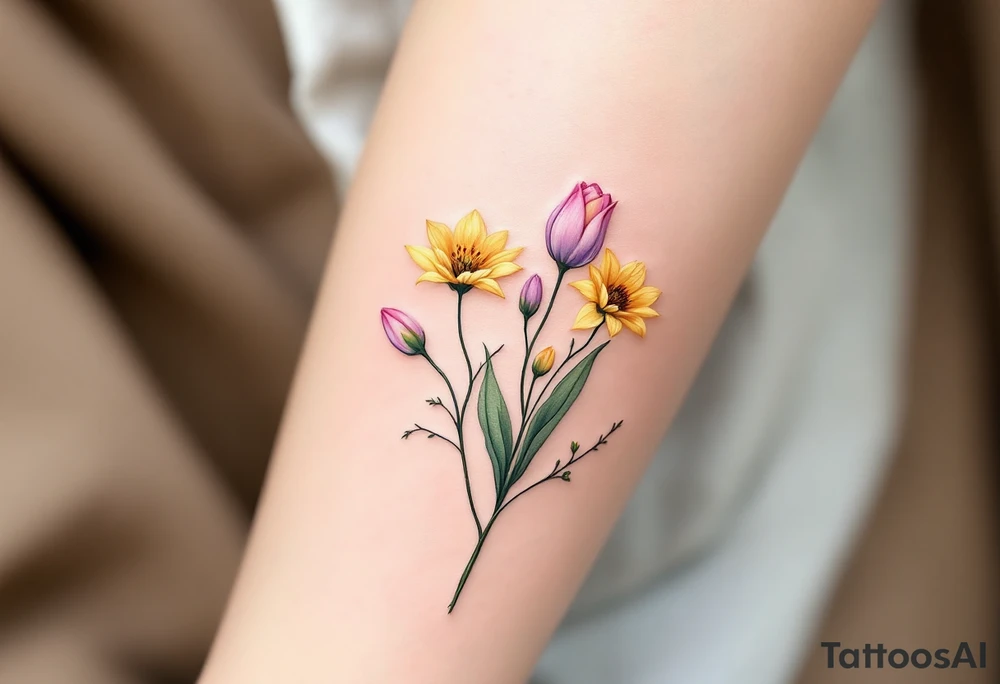 Small yellow sunflowers and simple stargazer Lilly in pale pink and pale purple tulip buds in a dainty wildflower bouquet with light green stems. No outlines on the flowers. Include feminine stem lines. tattoo idea