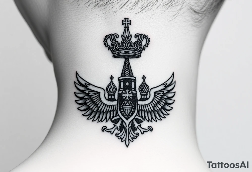 St. George, 3 russian imperial crowns above the Russian coat of arms double eagle and sitting above its wingspan sitting just above Kremlin or St. Basil's Cathedral scene  on the side of my neck tattoo idea