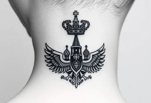 St. George, 3 russian imperial crowns above the Russian coat of arms double eagle and sitting above its wingspan sitting just above Kremlin or St. Basil's Cathedral scene  on the side of my neck tattoo idea