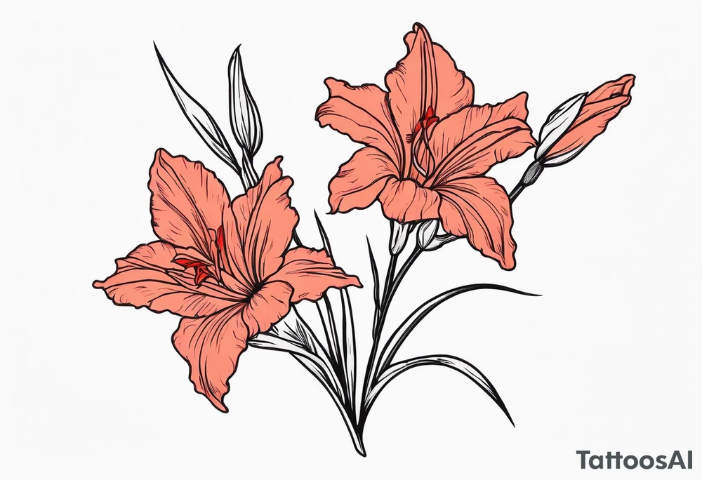 a thin narrow gladiolus with coral-colored flowers with red centers tattoo idea