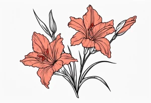 a thin narrow gladiolus with coral-colored flowers with red centers tattoo idea