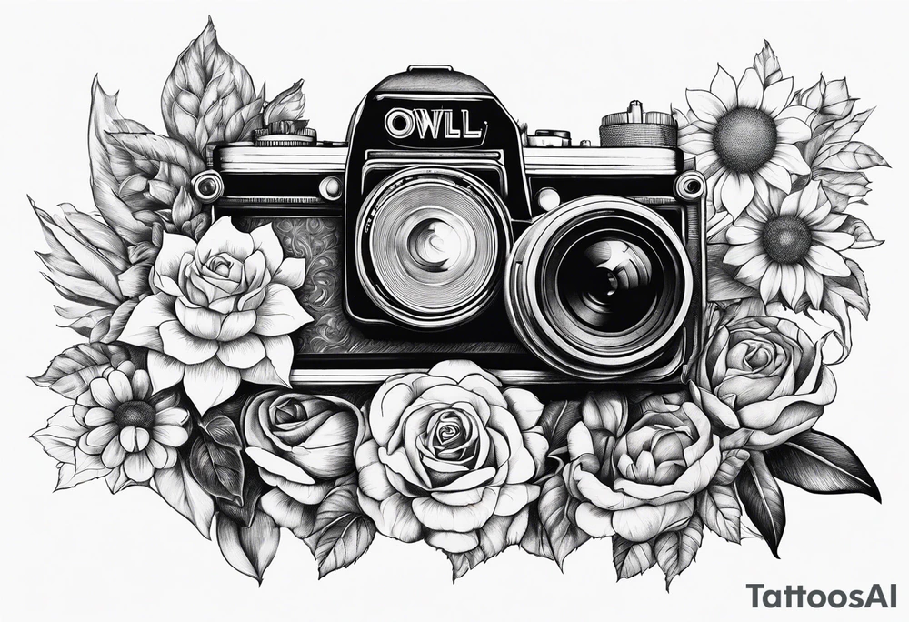 Sunflower, camera, book, owl, flower rose tattoo idea