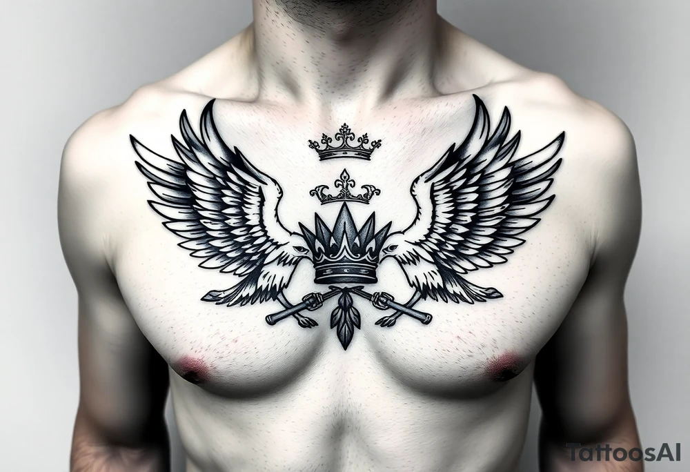 Chest tattoo,powerful two symetrical majestic eagles, surrounded by lure ornaments , between eagles a crown tattoo idea