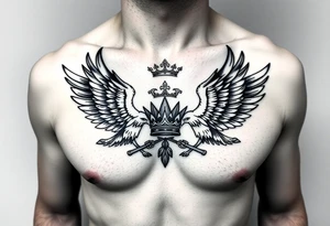 Chest tattoo,powerful two symetrical majestic eagles, surrounded by lure ornaments , between eagles a crown tattoo idea