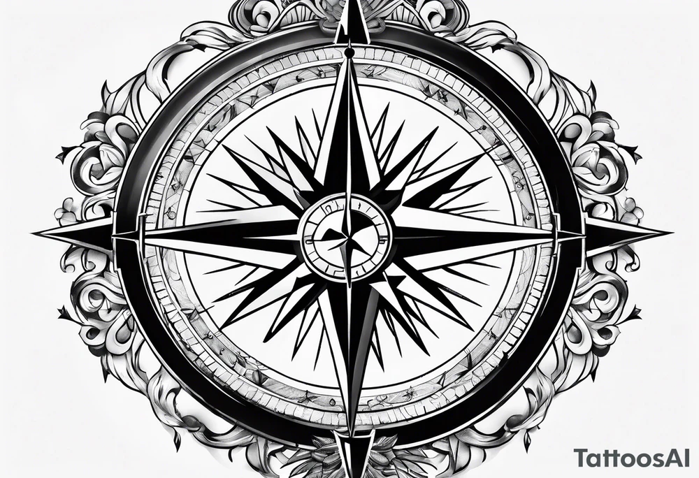A black and white detailed compass tattoo idea