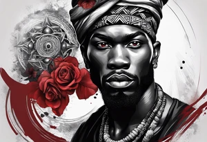 homem divindade africano realista em preto e cinza com os olhos brancos e fundo com tons de vermelho usando na mão um falo com cabaças penduradas e sentado em uma pedra tattoo idea